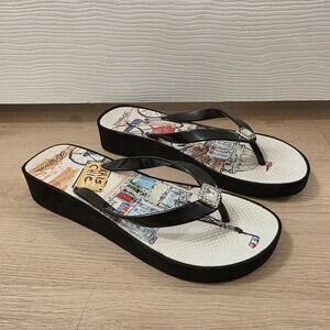 Brighton Black Multicolor Paris Print Gem‎ Y2K Platform Flip Flops Size 10.5